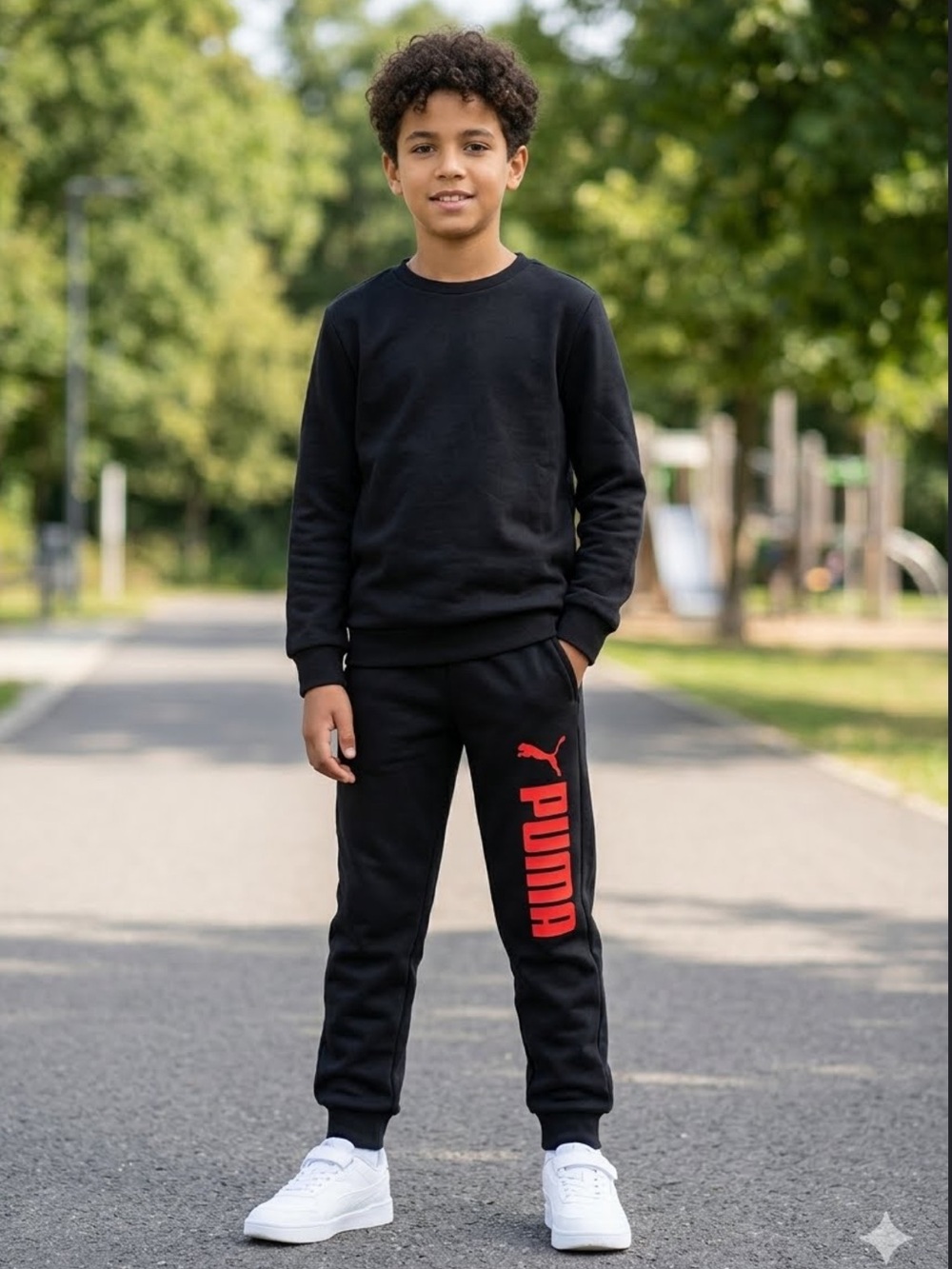 🔥 PUMA Kids Black Fleece Jogger Sweatpants with Bold Red Graphic Logo 🔥